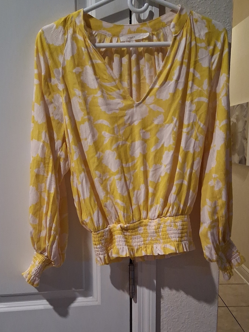 Lush Yellow and White Floral V-Neck Smocked Waist Blouse